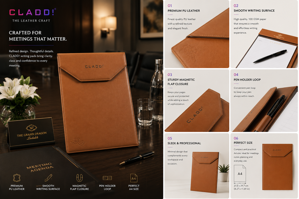 CLADD! Premium PU Leather A4 Meeting Writing Pad